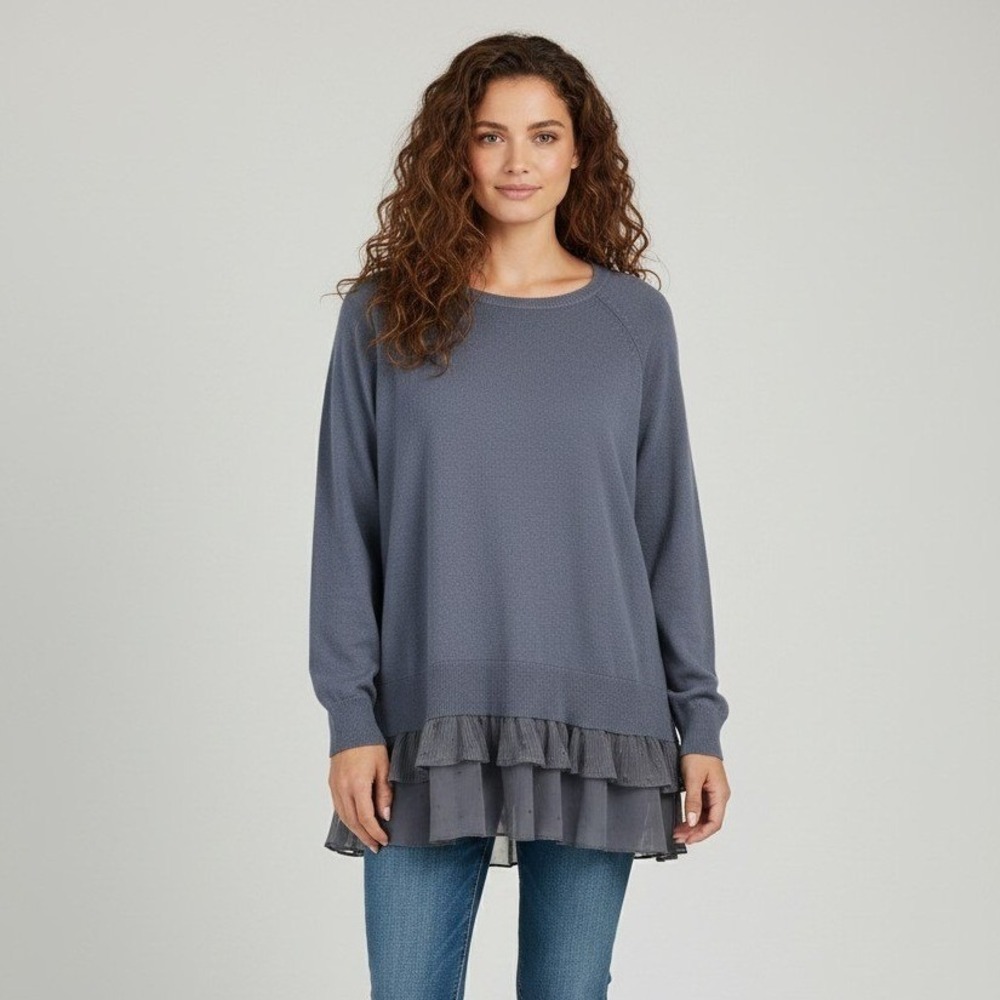 Garnet Hill Cashmere Ruffle Hem Tunic Sweater Womens XL Blue Gray NWT